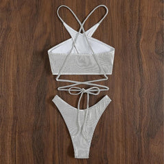 Cross front striped backless self tie bikini swimwear