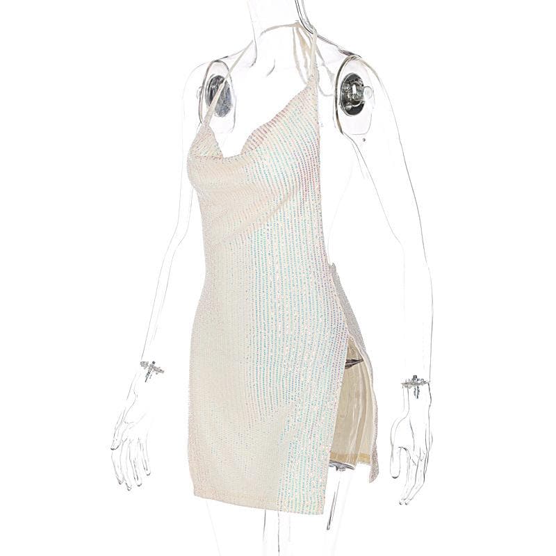 Glitzerndes rückenfreies Minikleid mit Wasserfallausschnitt, Neckholder und Schlitz