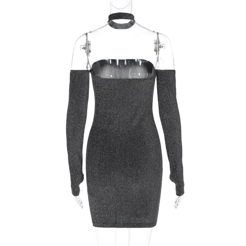 Textured gloves off shoulder long sleeve backless mini dress