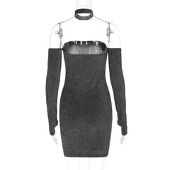 Textured gloves off shoulder long sleeve backless mini dress