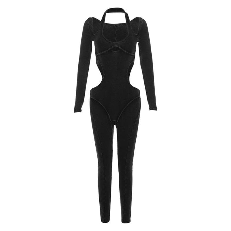 Gerippter, ausgehöhlter Neckholder-Jumpsuit mit langen Ärmeln