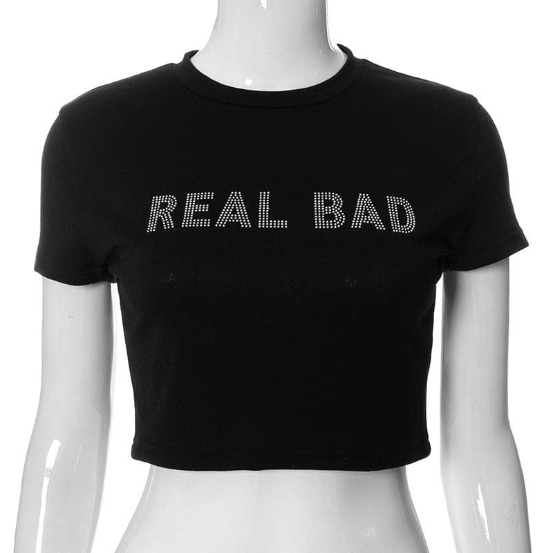 Kurzärmliges Crop-Top „REAL BAD“ mit Perlenbesatz und Rundhalsausschnitt