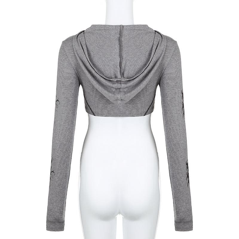 High neck abstract long sleeve contrast hoodie crop top