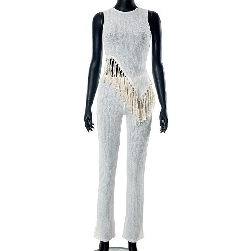 Irregular sleeveless textured crewneck tassels solid pant set