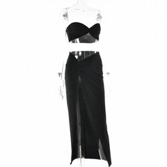 Slit knotted solid sweetheart neck tube midi skirt set