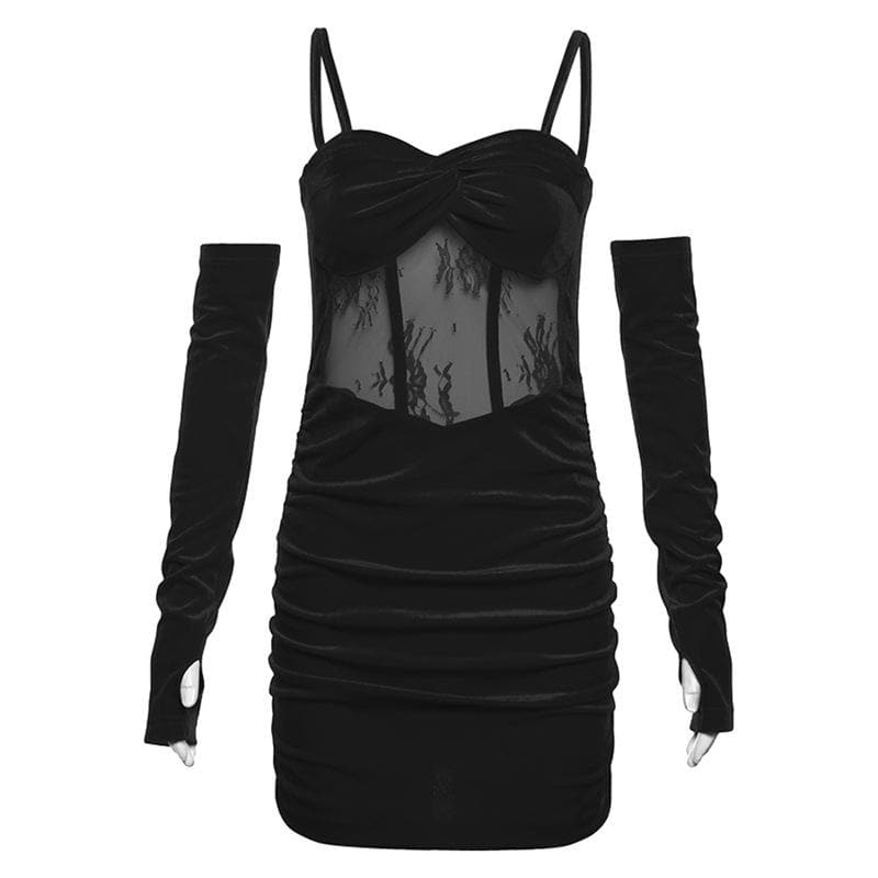 Rückenfreies Camisole-Minikleid aus gerüschtem Netzstoff mit Samthandschuhen 