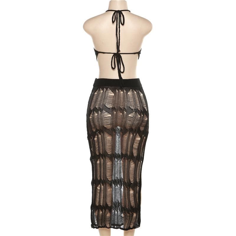 Crochet solid halter self tie see through slit midi skirt set