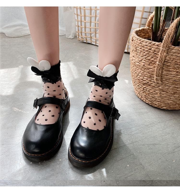 Lace polka dot bowknot bunny ears applique long socks