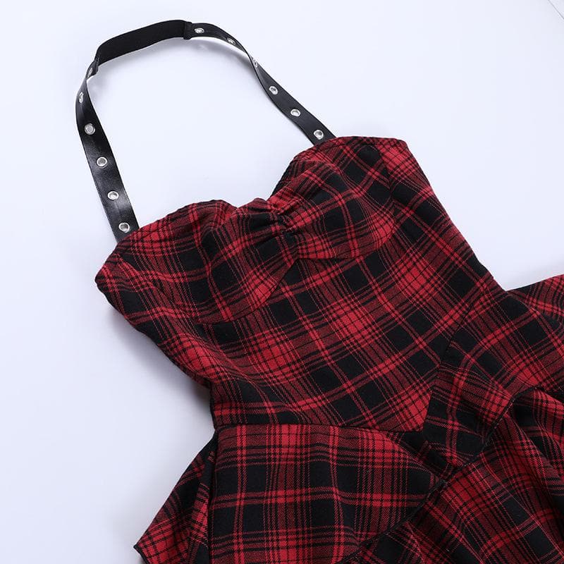 Zip-up halter contrast irregular plaid backless mini dress | victorian gothic dresses