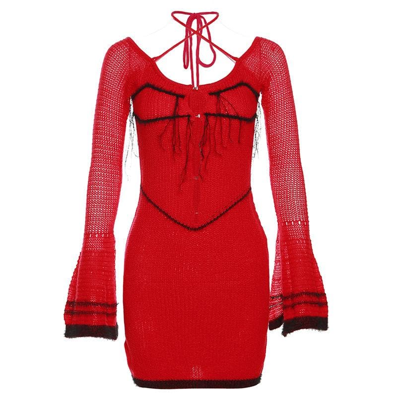 Knitted cross front contrast halter long flared sleeve button mini dress