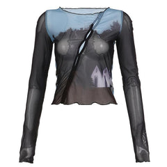 Hollow out contrast sheer mesh long sleeve see through top