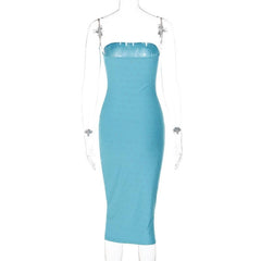 Beaded solid backless sleeveless tube midi dress