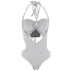 Drawstring pearl hollow out halter backless solid bodysuit