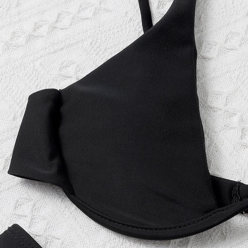 Traje de baño bikini con cuello en V, espalda descubierta y botones sólidos 