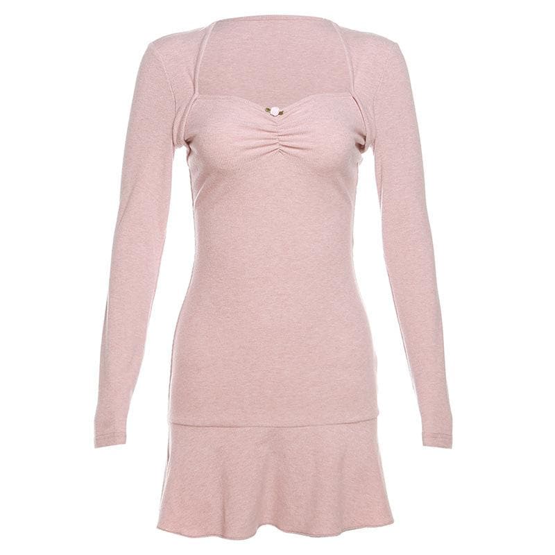 Long sleeve solid ruched ruffle mini dress