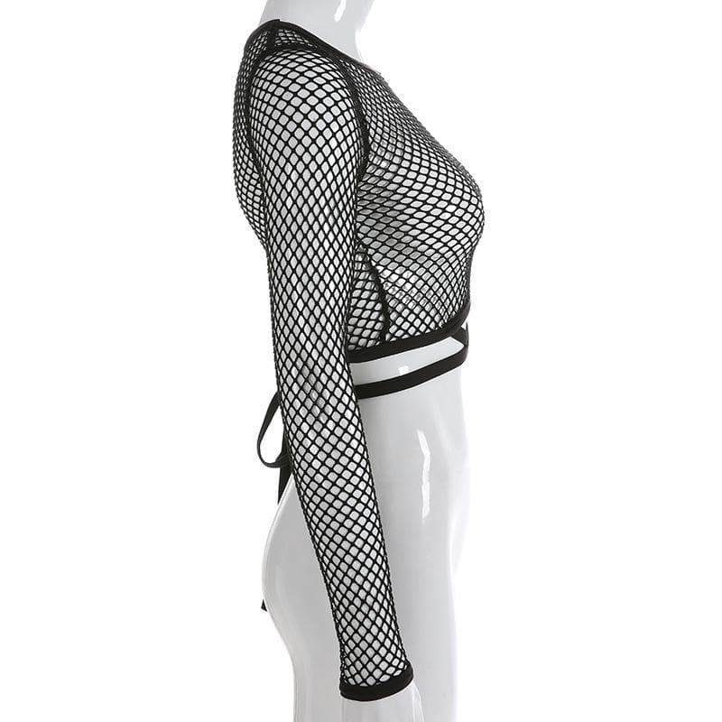 Round neck long sleeve tie back fishnet top