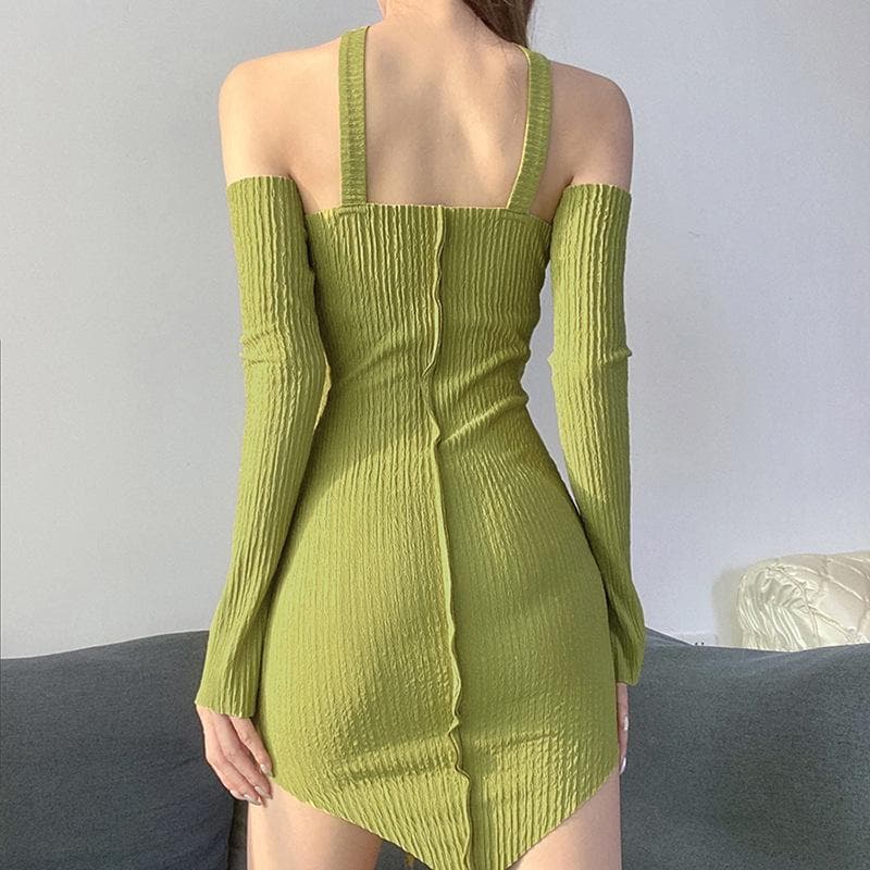 Textured stitch halter solid long sleeve off shoulder dress