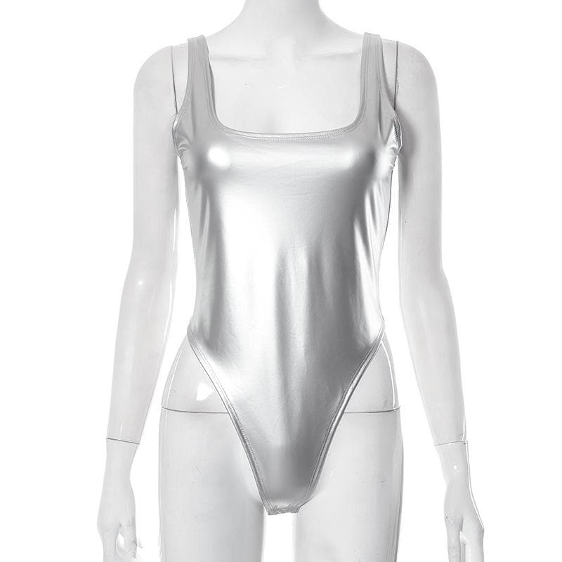 Ärmelloser, rückenfreier Bodysuit mit quadratischem Ausschnitt in Metallic