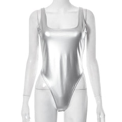 Metallic sleeveless solid square neck backless bodysuit