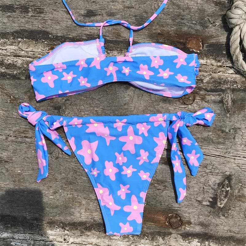 Hollow out contrast tube top self tie flower pattern bikini swimwear