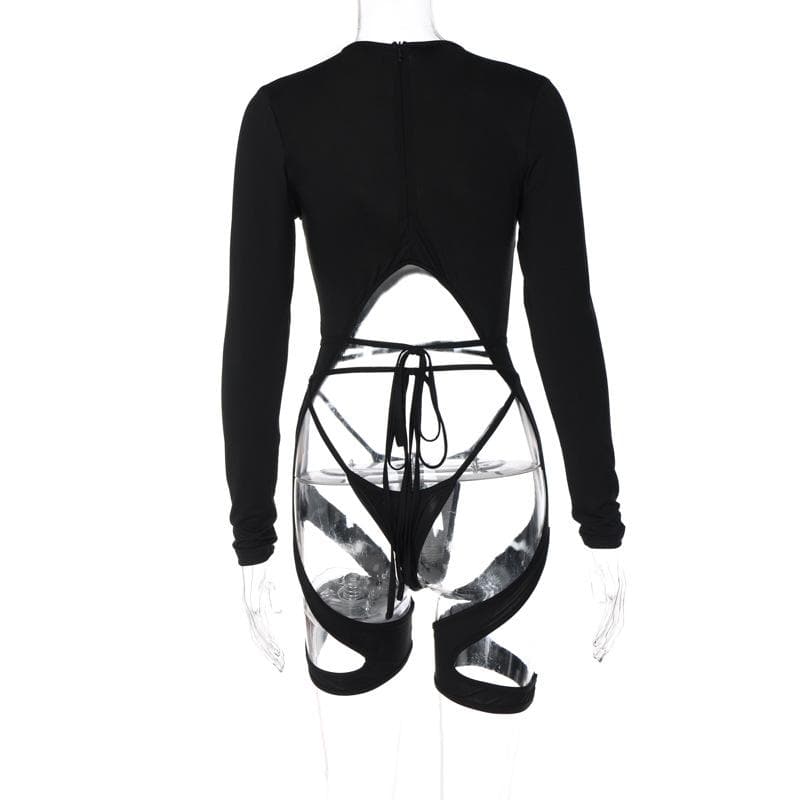 Long sleeve hollow out zip-up irregular solid top