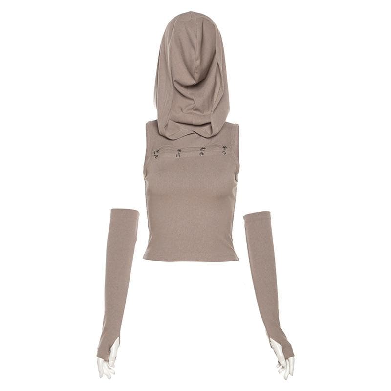 Gloves sleeveless solid hoodie o ring crop top