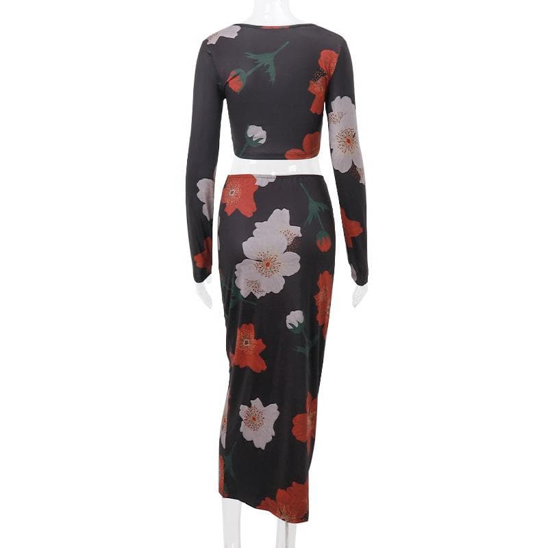 Flower print square neck long sleeve contrast maxi skirt set