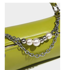 Metal chain beaded solid PU crossbody handbag