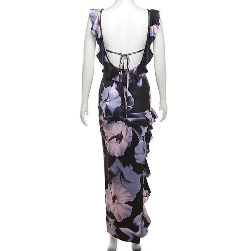 Flower print contrast ruffle irregular slit backless cap sleeve maxi dress