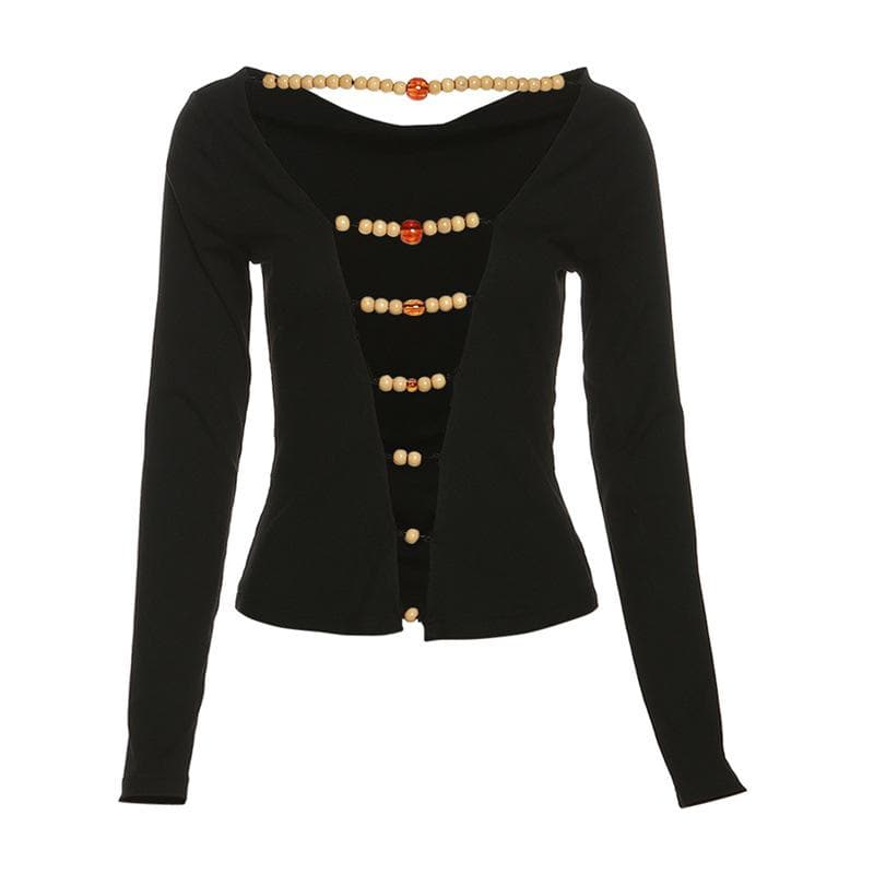 Beaded contrast long sleeve v neck ruched top