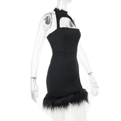 Hollow out halter fluffy backless button solid mini dress