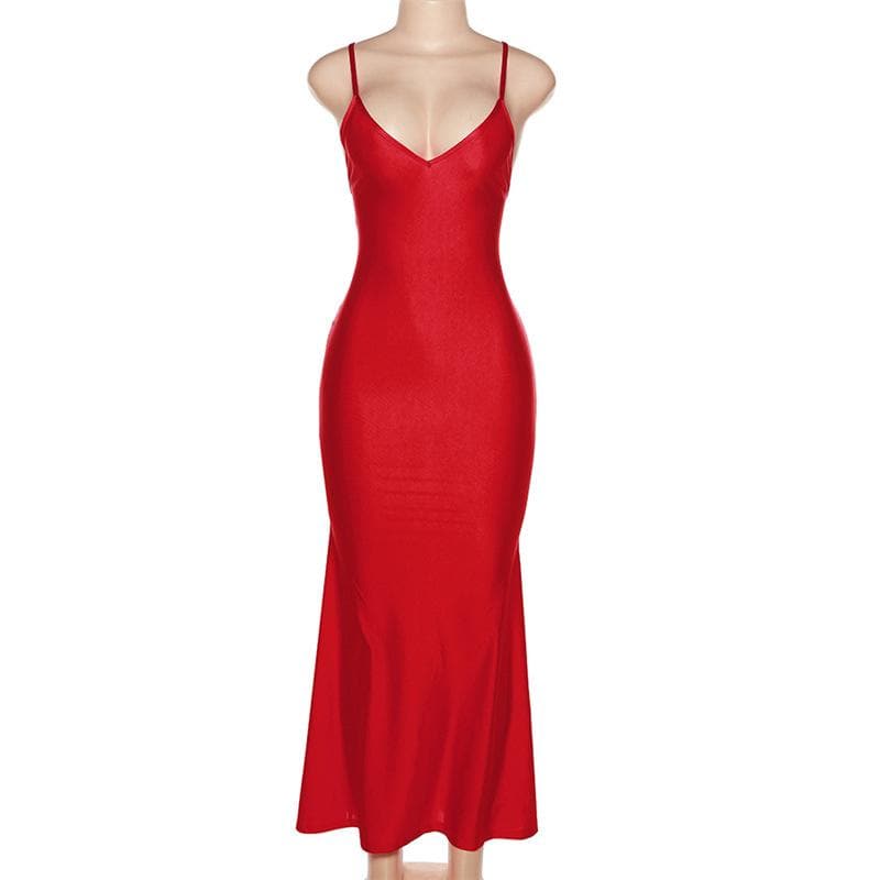 Low cut v neck ruched solid backless cami maxi dress