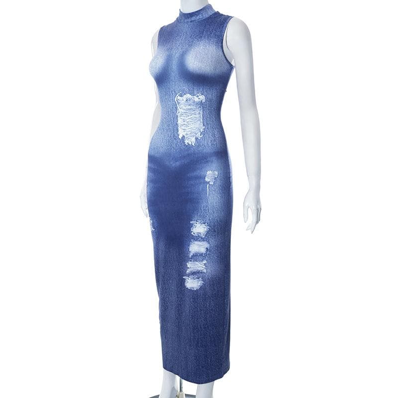 Ärmelloses Maxikleid mit hohem Kragen und Jeans-Print in Kontrastfarbe