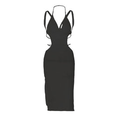 Knitted solid v neck sleeveless hollow out backless self tie midi dress