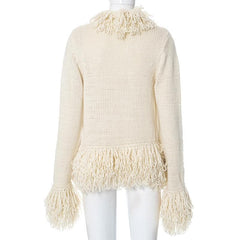 Knitted solid long sleeve tassels coat top