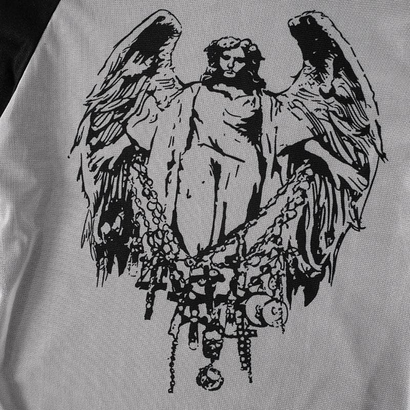 Top de manga larga con hombros descubiertos y fruncido de malla transparente con estampado de Jesús 