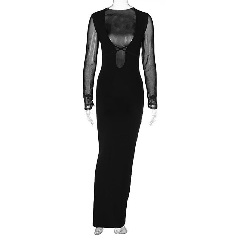 Mesh patchwork solid low cut long sleeve cross front maxi dress