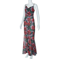 Vestido largo camisola con cuello vuelto, estampado floral, cremallera en contraste, espalda descubierta 