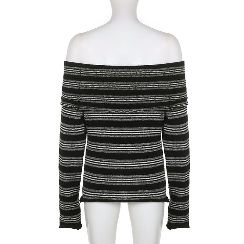 Knitted striped contrast long sleeve off shoulder top