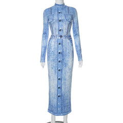 Denim print contrast high neck long sleeve maxi dress