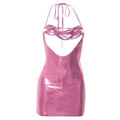 Halter hollow out o ring see through backless metallic solid mini dress