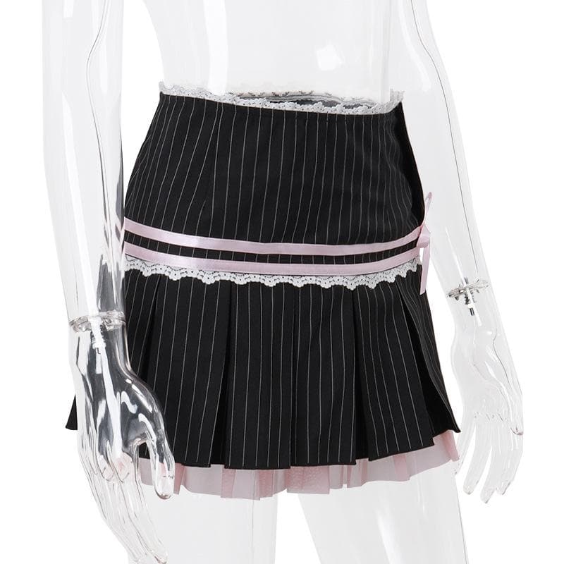 Pleated striped button lace hem bowknot stitch mini skirt