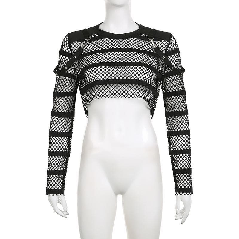 Hollow out long sleeve fishnet see through buckle solid crop top