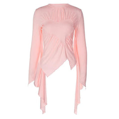 Irregular flared sleeve ruched crewneck solid top