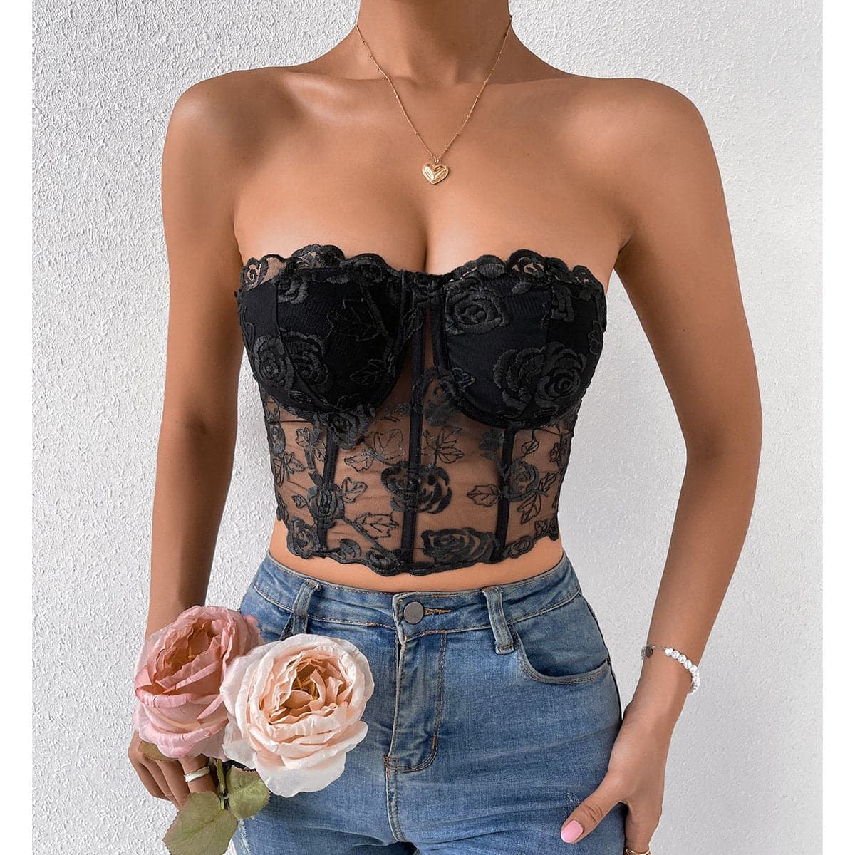 Top tipo bustier con botones sólidos de malla rosa 