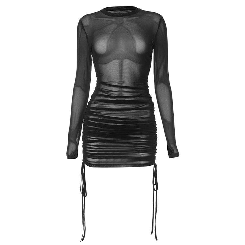 Crewneck long sleeve drawstring sheer mesh see through 2-way midi dress