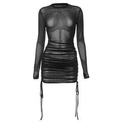 Crewneck long sleeve drawstring sheer mesh see through 2-way midi dress