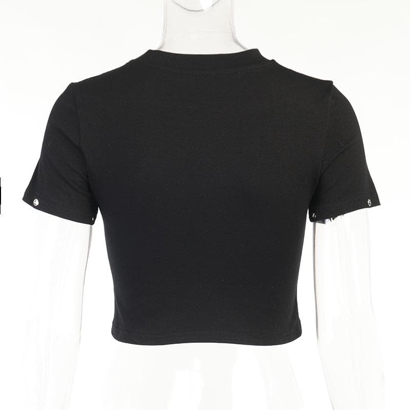 Round neck short sleeve removable gloves graphic top