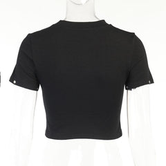 Round neck short sleeve removable gloves graphic top