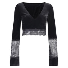 Lace patchwork v neck solid velvet long flared sleeve crop top